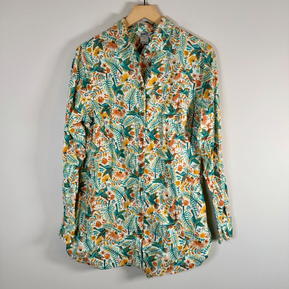 Duluth Trading Co Hummingbird Button Up Shirt Small Floral Tropical Hemp Cotton